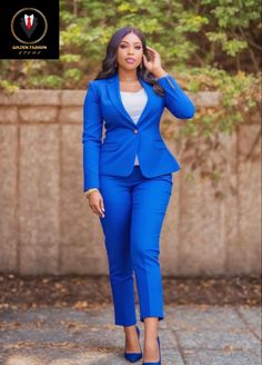 This is a Classy blue 2 piece suits by GoldenfashionStore /crafted from high quality fabric and imported materials. Our products are handcrafted by experienced tailors who make sure the that the stitching is precise, lining is proper and the overall product is sturdy enough to not go out of shape for more than a few years. Also all our products have extra margins in their length, sleeves, sides so it's easily alterable if your size changes after some time. To see more available colours and desig Fitted Notch Lapel Office Lady Sets, Fitted Single-breasted Pantsuit For Office, Workwear Pantsuit In Suiting Fabric, Tailored Office Lady Suit, Elegant Blue Sets With Suit Collar, Classic Blue Semi-formal Pantsuit, Blue Fitted Pantsuit For Business, Blue Fitted Business Pantsuit, Fitted Blue Pantsuit For Business