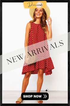 Printed Ruffled Women's Dress Knee-length Polka Dot Dress With Ruffles, Red Ruffled Sleeveless Dress For Spring, Knee-length Ruffled Sleeveless Dress For Brunch, Knee-length Sleeveless Ruffle Dress For Brunch, Knee-length Sleeveless Dress With Ruffles For Day Out, Knee-length Sleeveless Ruffle Dress For Day Out, Polka Dot Summer Dress With Ruffle Hem, Summer Polka Dot Midi Dress With Ruffles, Polka Dot Ruffled Midi Dress For Summer