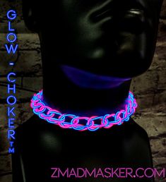 "~The ORIGINAL Glow-Choker(TM)~ Made In NY! The ONLY Handmade Light-Up EL Wire Choker Necklaces!  **A slight high pitch tone may be heard from the battery pack, This is completely normal and is undetectable in a social atmosphere.** -------------------------------------------------------- Stand out, Turn Heads and Get Noticed with the most INSANE El-Wire Neon masks on the market! Designed & Created Exclusively by Z'Mad Masker on Long Island, NY since 2012! Be the LIGHT of the party, create memor Led Masks, Fursuit Ideas, Oc Clothes, Wire Choker Necklace, Dystopian Aesthetic, Neon Halloween, Festival Fits, Wire Choker, Rave Mask