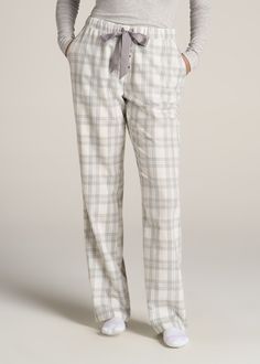 American-Tall-Women-Tie-Waist-Open-Bottom-Flannel-PJ-Pants-Heather-Grey-White-Plaid-front Cute Winter Pjs, Pajamas Women Comfy, Sleepover Supplies, White Pajama Pants, Womens Pj Pants, Winter Pjs, Flannel Pj Pants, Long Pajama Pants, Flannel Pjs