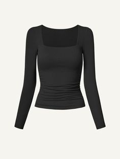 Ogl Eco-SkinKiss® Square Neck Ruched Brami Top – OGLmove Black Long Sleeve Shirt Square Neck, Black Long Sleeve Square Neck Top, Cute Tops For Winter, Square Neck Black Top, Black Square Neck Top Outfit, Lines On Neck, Black Longsleeves Outfit, Square Neck Top Outfit, Black Long Sleeve Shirt Outfit