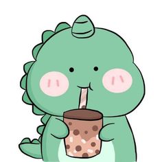 a green dinosaur drinking from a cup with a straw in it's mouth and holding a