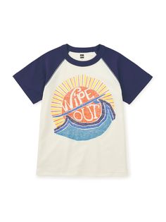 Hang loose! Our in-house artists have created this exclusive surfer graphic using a technique that prints the image on the tee's inside for a vintage look. The short raglan sleeves also lend this a cool retro look. Made of 100% soft cotton jersey, the color and shape will hold, wash after wash, Pair with Tea shorts for a stylish summertime look. Blue Raglan Sleeve T-shirt For Summer, Sporty Raglan Sleeve T-shirt For Summer, Beach Graphic Cotton Tops, Beach Cotton Tops With Graphic Design, Cotton Beach Tops With Graphic Design, Summer Graphic Tee With Raglan Sleeves, Blue Printed Retro T-shirt, Retro Blue Printed T-shirt, Relaxed Fit Graphic Tee With Raglan Sleeves