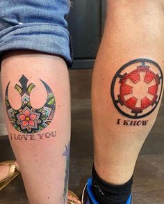 two people with tattoos on their legs that say i love you and i know star wars