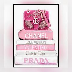 three books stacked on top of each other in front of a white background with the words chanel, louis vuitton, valentine's christian dior and prada