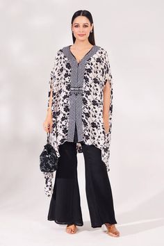 Black, white kaftan with floral vine print and embellished with zircon, cutdana, sequins and beads embroidery. Paired with palazzo and matching bag. - Aza Fashions V Neck Kaftan, White Kaftan, Beads Embroidery, Palazzo Set, Luxury Sale, Floral Vine, Modern Bride, Set For Women, Flared Sleeves