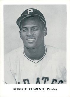 an old photo of a baseball player in black and white with the name roberto clemente, pirates