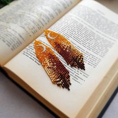 an open book with two beaded orange and brown earrings on it's pages