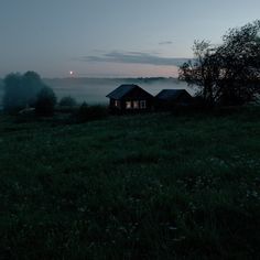 a house sitting on top of a lush green field next to a forest at night