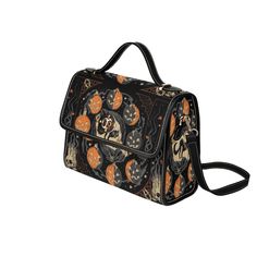 Lose yourself in mysterious lunar vibes with this wickedly cool moon phase pumpkin bag! Crafted from waterproof canvas and boasting adjustable straps, this all-over-print accessory is the perfect way to express your spooky side on your trick-or-treat night out! And don't forget the exclusive, one of a kind artwork for all the halloween lovers out there! DETAILS• Made from high-grade waterproof canvas, durable, water-resistant.• Two interior pockets for small items one zipper pocket.• Double PU l Gothic Bags With Adjustable Strap For Halloween, Gothic Halloween Shoulder Bag With Adjustable Strap, Halloween Satchel Shoulder Bag With Adjustable Strap, Spooky Black Halloween Bags, Spooky Black Bags For Halloween, Pumpkin Bag, Pumpkin Moon, Halloween Lovers, Lose Yourself