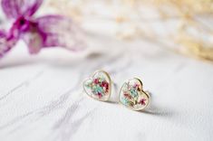 Real Dried Flowers and Resin Heart Stud Earrings in Mint Magenta White Pink Pressed Flower Earrings For Gift, Pink Resin Heart Earrings For Gift, Pink Round Pressed Flower Earrings, Pink Flower-shaped Earrings With Pressed Flowers, Pink Resin Flower-shaped Earrings, Heart Studs, Metal Flowers, Heart Earrings Studs, Real Flowers