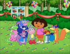 dora the explorer and her friends are having fun in the park with balloons, confetti and streamers