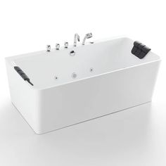 a white bath tub sitting on top of a white floor