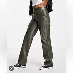 Brand New Without Tag. Sold Out On Website. Leather Cargo Pants, Bear Leather, Baddie Outfit, Pull And Bear, Pull & Bear, Straight Leg Trousers, Cargo Trousers, Baddie Outfits, Straight Leg Pants