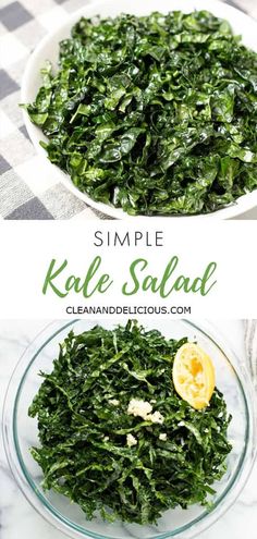 kale salad in a glass bowl with lemon wedges on the side and an image of