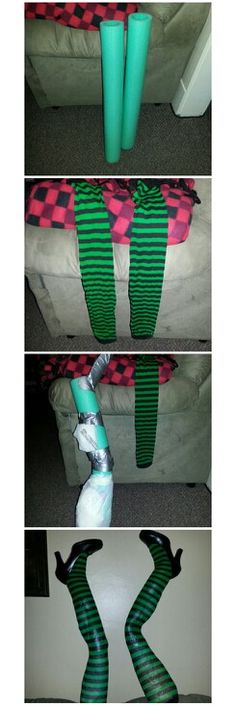 three pictures of green and red striped stockings on top of a bed, with the bottom one being wrapped in duct tape