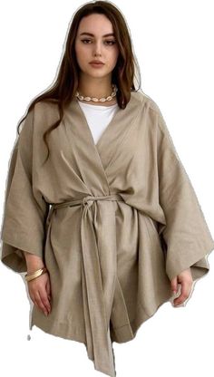 Beige Linen Kimono For Loungewear, Beige Linen Robe For Spring, Beige Linen Spring Robe, Spring Beige Linen Robe, Beige Kimono Sleeve Robe For Spring, Linen Kimono With Kimono Sleeves For Loungewear, Beige Robe With Kimono Sleeves For Spring, Beige Linen Kimono, Beige Wrap Robe For Spring