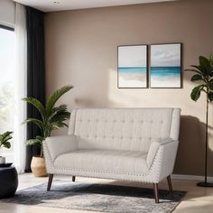 a living room with a couch, potted plant and two pictures on the wall