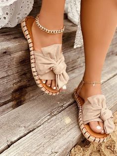 Bow Knot Decor Suede Espadrille Slide Sandals Jamaica Trip, Casual Summer Flats, Knot Decor, Sandals Patterns, Women Flat Sandals, Heeled Espadrilles, Espadrilles Slides, Suede Slides, Fashion Slippers