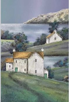 a painting of two white houses sitting on top of a green hill next to a body of water