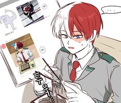 an anime character with red hair is sitting in front of a computer screen and looking at his cell phone