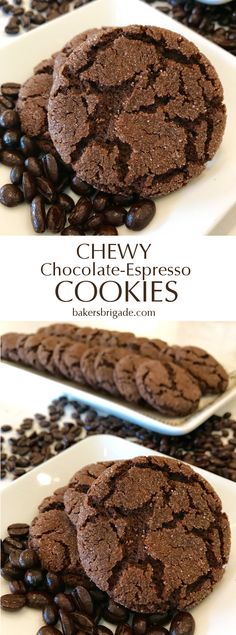 chocolate cookies are stacked on top of each other with coffee beans in the middle and bottom