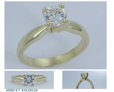 an engagement ring with a diamond in the center and two other images showing it's setting