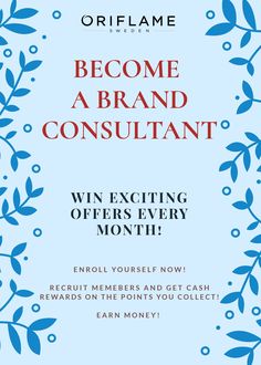 a blue and red poster with the words become a brand consultant win exciting offers every month