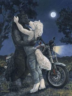 a painting of two people on a motorcycle with the moon in the sky behind them