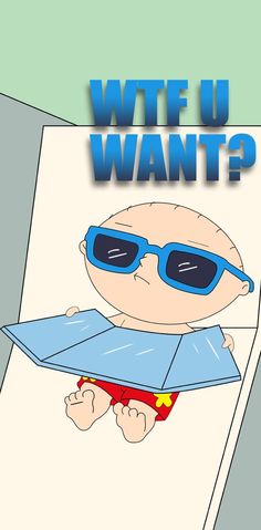 an image of a cartoon character with sunglasses on holding a blue object that says, wte u want?