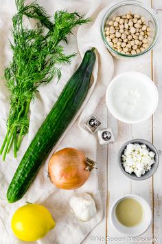 the ingredients to make this dish include cucumbers, onions, lemons, and garlic