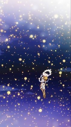 an anime character flying through the air with stars in the sky behind her on a purple and blue background