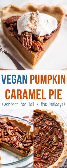 vegan pumpkin caramel pie with whipped cream on top and pecans in the middle