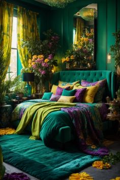 a bedroom with green walls and lots of flowers on the bed, along with potted plants