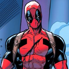 a deadpool character standing in front of a building with his hands on his hips