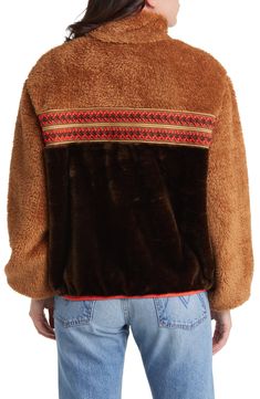 Cozy up to the cooler seasons in this supersoft high-pile fleece jacket featuring folkloric stitched stripes across the chest and pockets. 24 1/2" length (size Medium) Stand collar Lined, with 100% polyester fill 100% polyester Machine wash, tumble dry Imported Brown Sherpa Fleece Jacket With Long Sleeves, Brown Nordic Long Sleeve Outerwear, Brown Nordic Style Long Sleeve Outerwear, Nordic Style Brown Long Sleeve Outerwear, Chestnut, Fleece Jacket, Stand Collar, Braids, Nordstrom