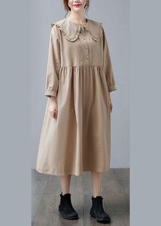 Boho Apricot Ruffled Patchwork Button Fall Dress Long sleeve - Omychic Beige Long Sleeve Dress With Button Cuffs, Casual Fall Dresses With Collar, Beige Cotton Midi Dress With Buttons, Fall Collared Dresses With Buttons, Fall Dresses With Collar And Buttons, Long Sleeve Cotton Midi Dress With Buttons, Beige Long Sleeve Shift Midi Dress, Beige Collared Dress With Button Cuffs, Brown Long Sleeve Midi Dress With Buttons