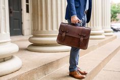 This handcrafted men's leather briefcase was inspired by vintage lawyer briefcases from decades ago. Made of full grain leather that's rich in character and solid antique brass hardware, this bag is built to last. Classic Briefcase With Luggage Sleeve And Top Handle, Timeless Formal Satchel, Leather-lined Satchel Briefcase For Business Trips, Leather Briefcase With Brass Hardware For Business, Luxury Business Satchel With Brass Hardware, Luxury Satchel With Brass Hardware For Business, Timeless Briefcase With Leather Lining For Business Trips, Elegant Formal Briefcase With Brass Hardware, Elegant Leather Briefcase With Brass Hardware