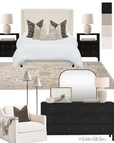 a bedroom is shown with white and black furniture