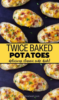 twice baked potatoes with bacon and cheese on top are shown in this recipe for potato salads