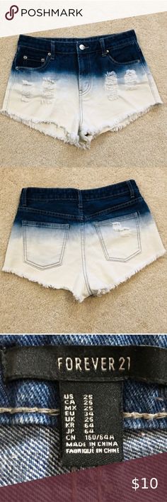 High-waisted Two-toned Jean Shorts New with tags! These high-waisted denim shorts are from Forever 21. They fade from dark denim blue to white.  Size:25  Ships out same day or next day.  Smoke free. Forever 21 Shorts Jean Shorts Forever 21 High-waisted Blue Jean Shorts, High Rise Faded Shorts For Summer, Faded High Waist Spring Shorts, Forever 21 Casual Blue Bottoms, Trendy Faded Bleached Bottoms, Forever 21 High Waist Cotton Jean Shorts, Forever 21 High-waist Jean Shorts With Built-in Shorts, Forever 21 Cotton Jean Shorts, Casual Fitted Bleached Bottoms