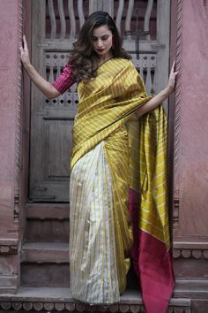 Silver mustard yellow saree featuring stripe pattern all over. Comes with an unstitched blouse fabric. - Aza Fashions Yellow Handloom Pre-draped Saree For Navratri, Yellow Blouse With Traditional Drape, Yellow Bollywood Cotton Silk Pre-draped Saree, Transitional Yellow Blouse With Traditional Drape, Yellow Slub Silk Traditional Wear With Unstitched Blouse, Yellow Chanderi Handloom Blouse, Yellow Handloom Chanderi Blouse, Yellow Tussar Silk Sets For Transitional Season, Yellow Slub Silk Saree With Unstitched Blouse