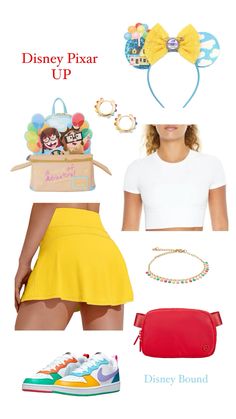 the disney pixar up costume is shown in yellow and red, with accessories