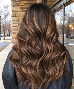 Trendy Dark Fall Toffee Brown Highlight on Long Brunette Hair Fall Auburn Hair Balayage Dark Brown, Toffee Caramel Hair, Fall Highlights For Brunettes, Pretty Brown Hair With Highlights, Fall Brunettes, Fall Highlights For Brown Hair, Fall Auburn Hair, Trending Dark Hair, Brown Fall Hair