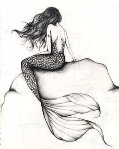 a drawing of a mermaid sitting on top of a rock with her hair blowing in the wind