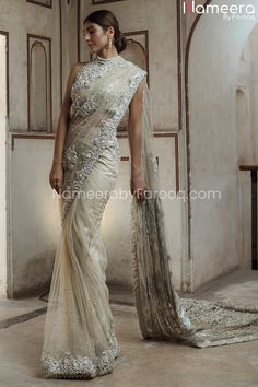 Buy Latest Pakistani Saree Online a gorgeous masterpiece in Ivory color adorned with stones and beads. Net Saree is perfectly elegant for your Big day Kashee's Bridal Dresses, Saree Pakistani, Pakistani Saree, Bridal Lounge, Character Wardrobe, Walima Dress, Net Blouse, Bridal Outfit, Beaded Blouse