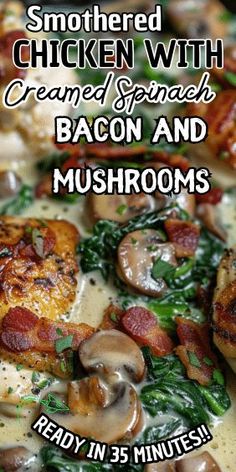 chicken with bacon and mushrooms is shown in this ad for the mushroom cookbook,