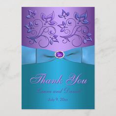 purple and teal wedding thank card with blue ribbon, bow and jewel stone in center