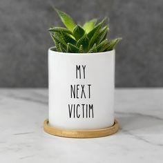 Witty and hilarious "My Next Victim" plant pot for plant lovers! This unique planter adds a fun decorative touch to any home, garden, or workspace. Perfect as a funny birthday or Christmas gift, it's an ideal gardening gift for family and friends. Celebrate special occasions and show you care with this charming succulent pot! DETAILS ▸ Pot has a drain hole and comes with a bamboo saucer ▸ Graphic printed on your pot will never fade or peel ▸ Ideal for succulents, cacti, air plants, or starter pl Plant Cricut Ideas, Plant Gifts Ideas, Funny Plant Pots, Unique Planter Ideas, Plant Pot Designs