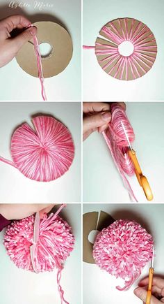 instructions to make a fan out of yarn and cotton balls, with pictures showing how to do it